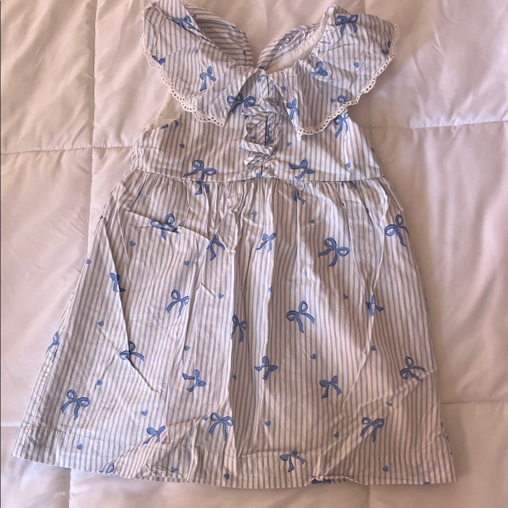 Zara White and Blue Striped Bow-Print Dress